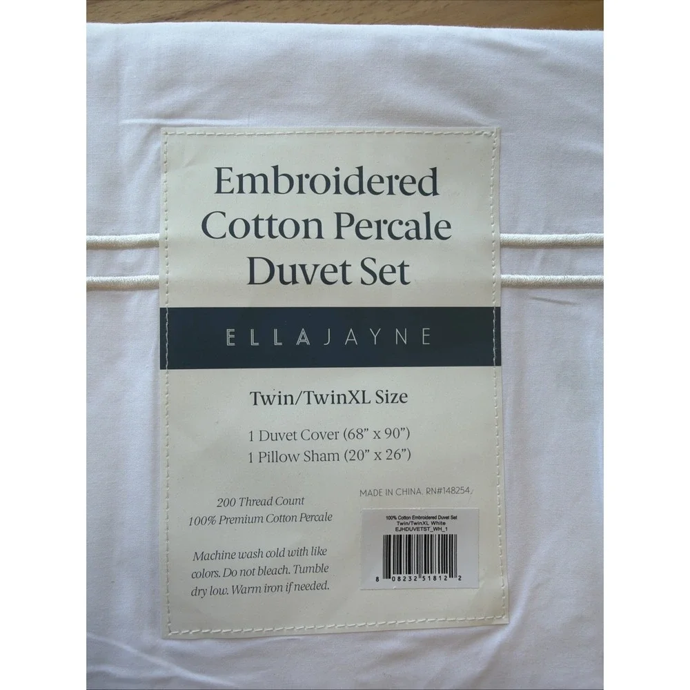ELLA JAYNE Embroidered Cotton Percale Duvet Set Twin/TwinXL White 200TC